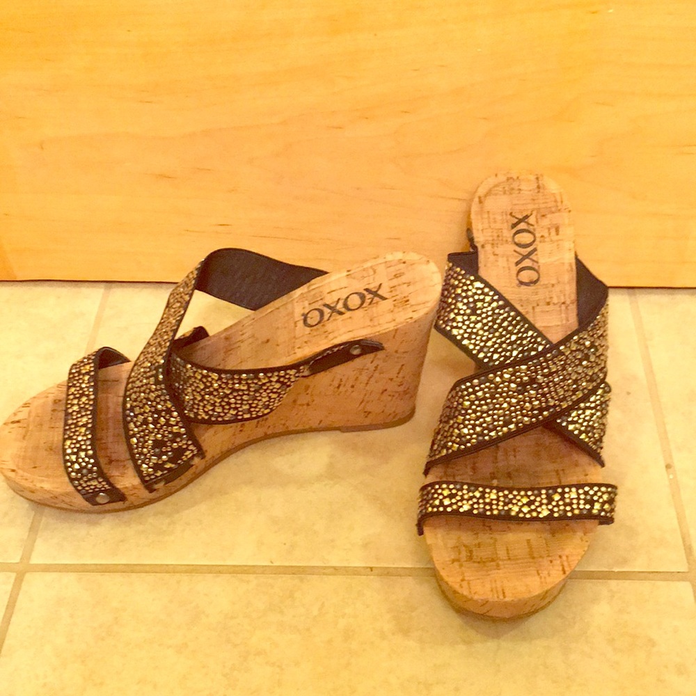 Strappy jeweled studded black gold cork wedges